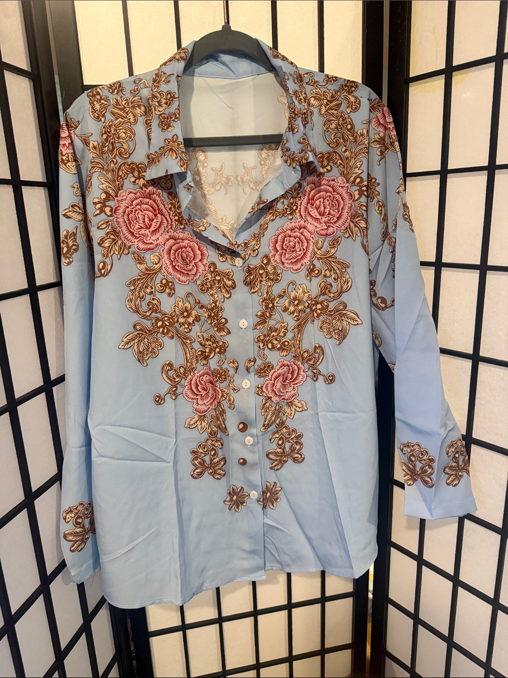 Sky Blue Floral Embroidered Button-Down Shirt
